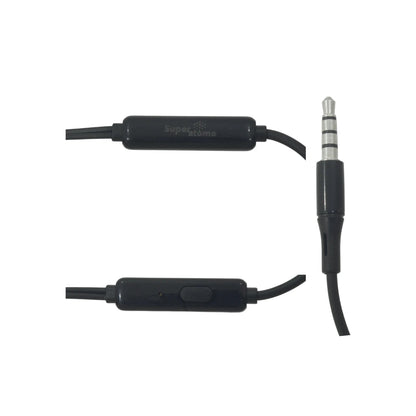 Cable audífonos manos libres Super átomo negro, conector jack 3.5mm y micrófono con botón de control.