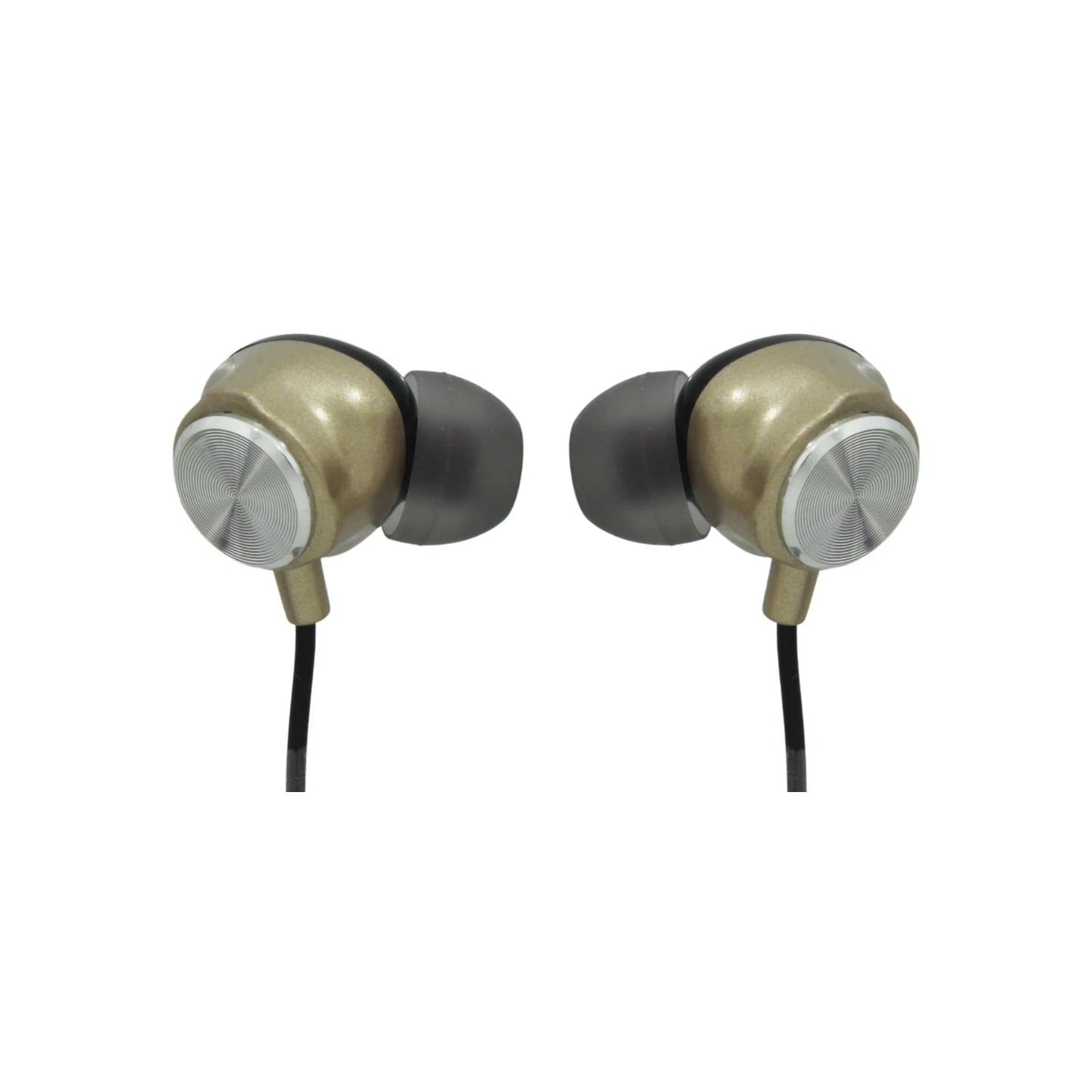 Audífonos manos libres in-ear dorados Super átomo SA7004A, puntas grises y detalles plateados con textura.