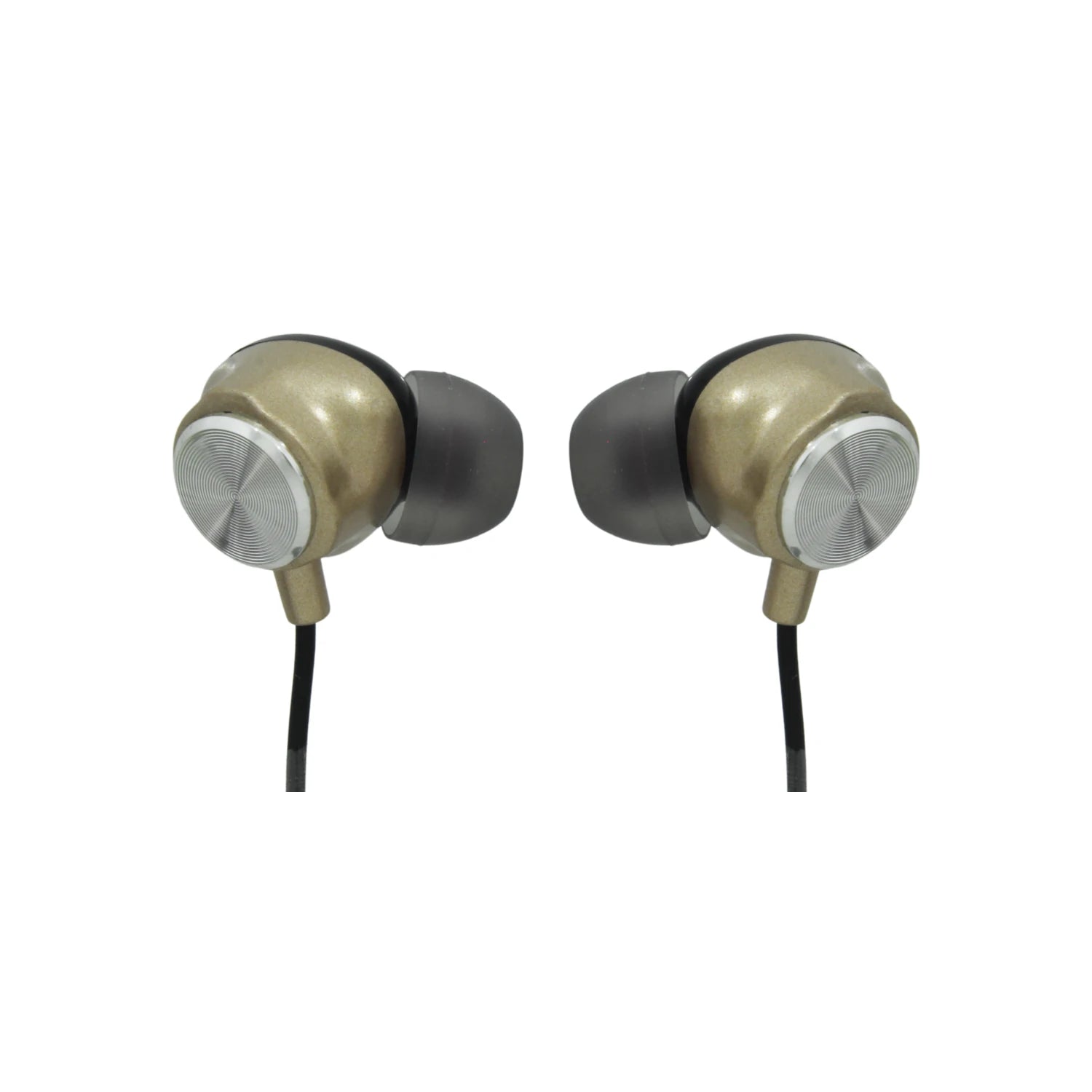 Audífonos manos libres in-ear dorados Super átomo SA7004A, puntas grises y detalles plateados con textura.