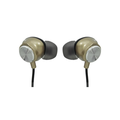 Audífonos manos libres in-ear dorados Super átomo SA7004A, puntas grises y detalles plateados con textura.