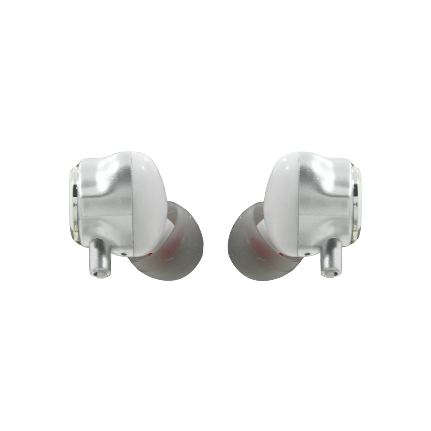 Audífonos in-ear manos libres blancos y plata, diseño moderno y compacto.