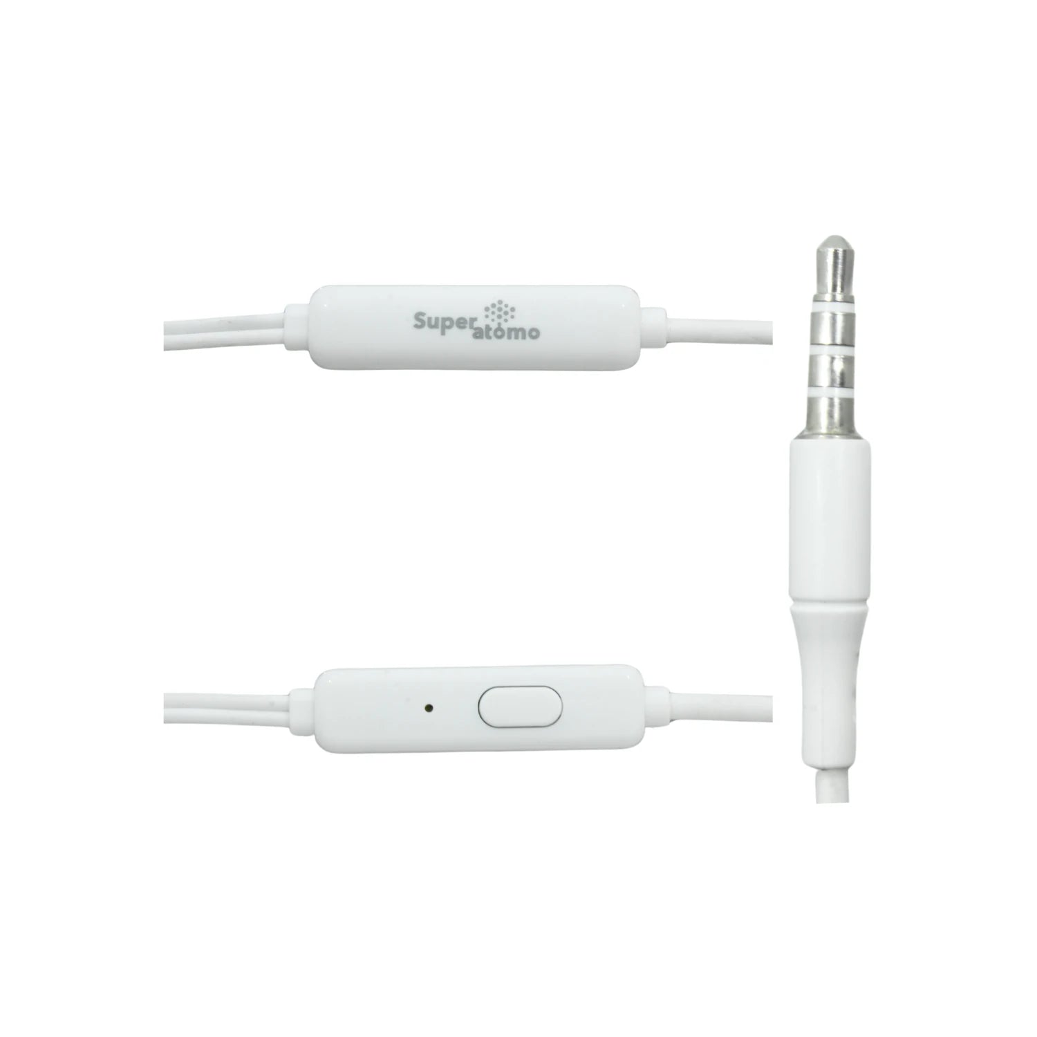 Audífonos manos libres Super átomo blancos con micrófono, control de botón y conector jack 3.5mm