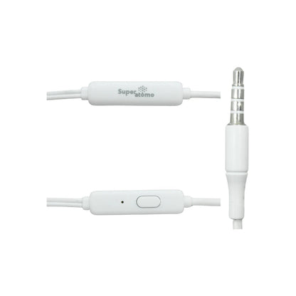 Audífonos manos libres Super átomo blancos con micrófono, control de botón y conector jack 3.5mm