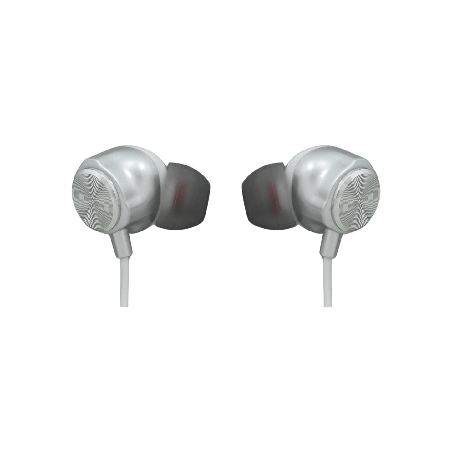 Audífonos in-ear plateados con cable blanco, acabado metálico y detalle espiral.