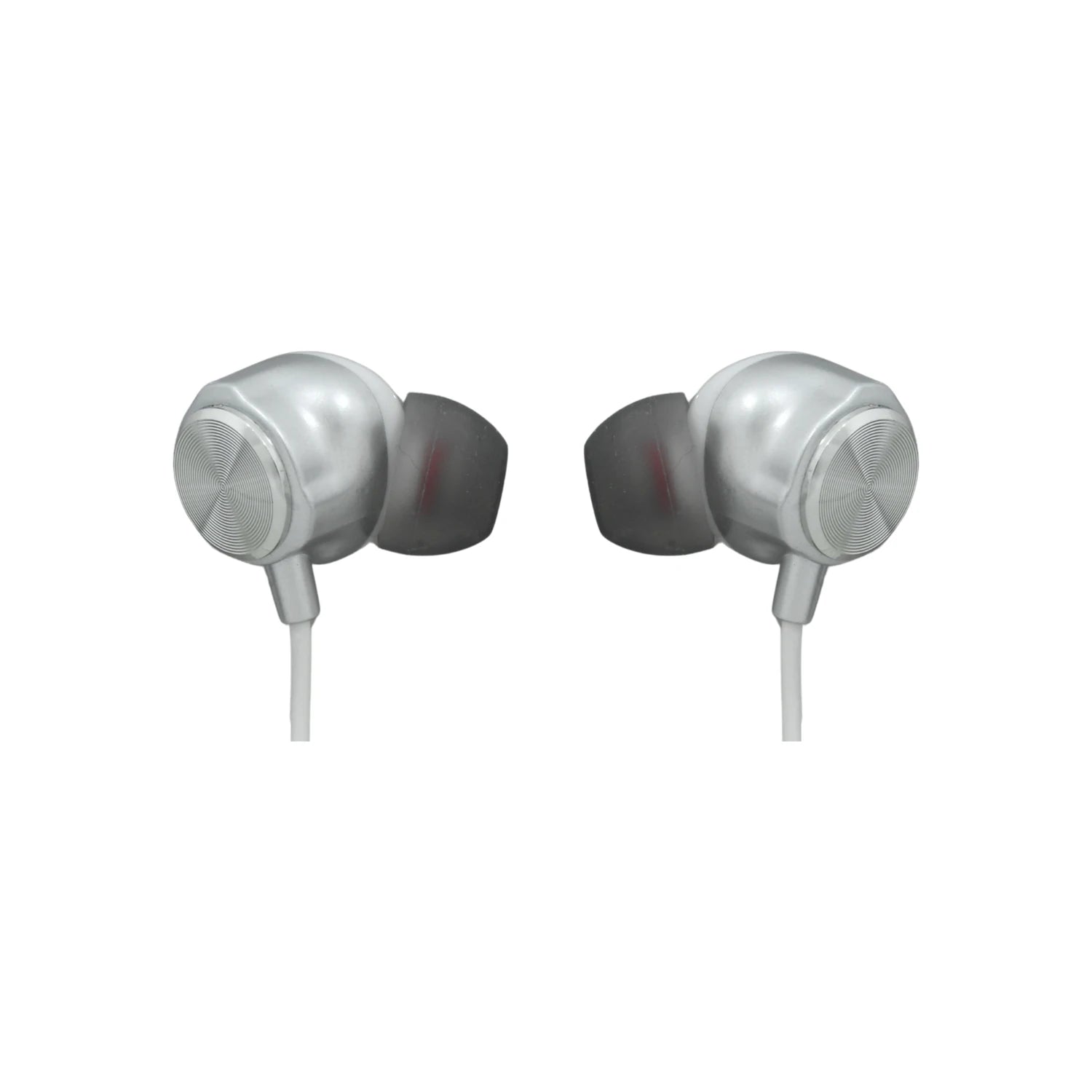 Audífonos in-ear plateados con cable blanco, acabado metálico y detalle espiral.