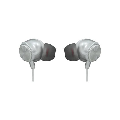 Audífonos in-ear plateados con cable blanco, acabado metálico y detalle espiral.