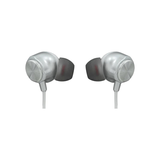 Audífonos in-ear plateados con cable blanco, acabado metálico y detalle espiral.