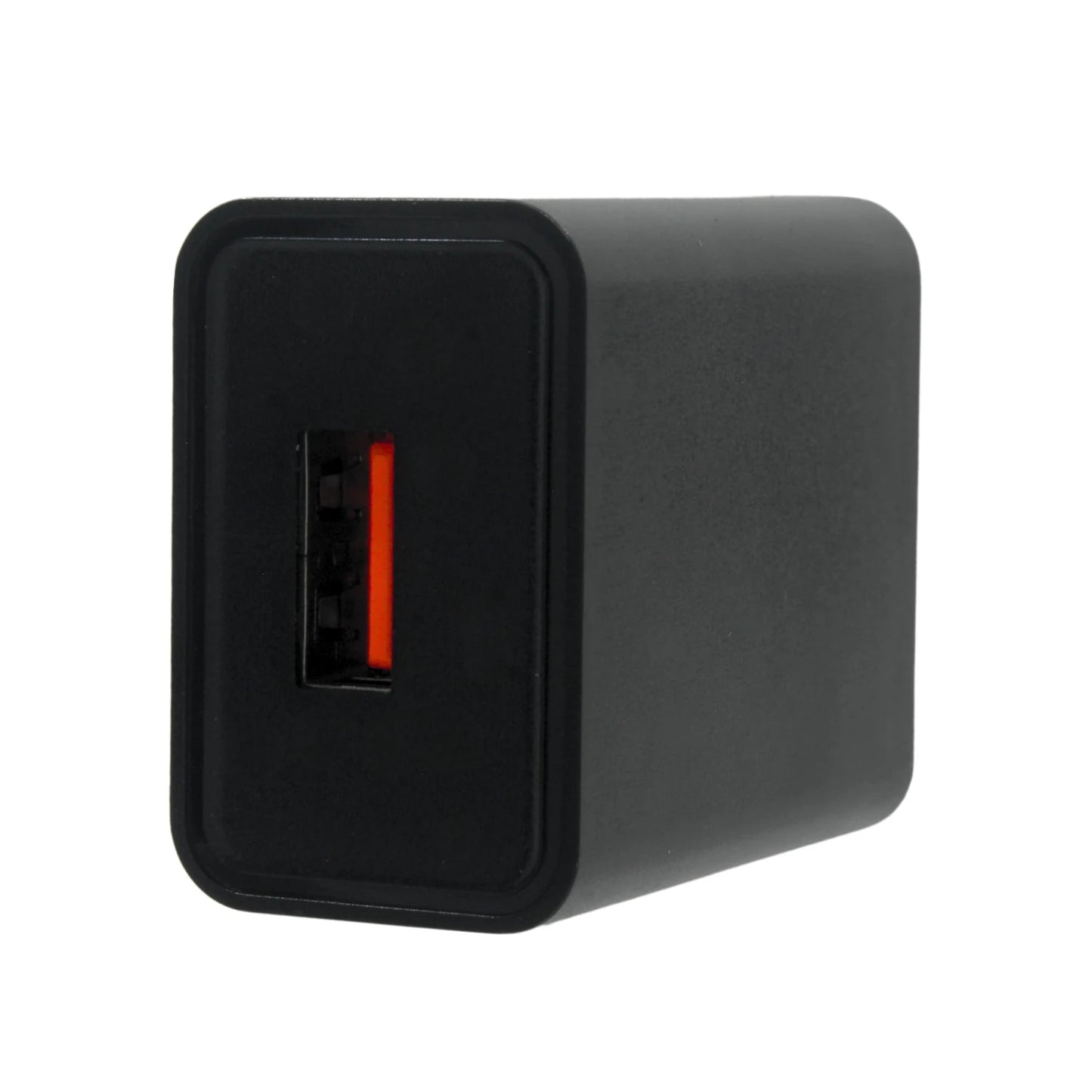 Cargador USB de pared negro, adaptador de corriente con puerto USB-A interior rojo.