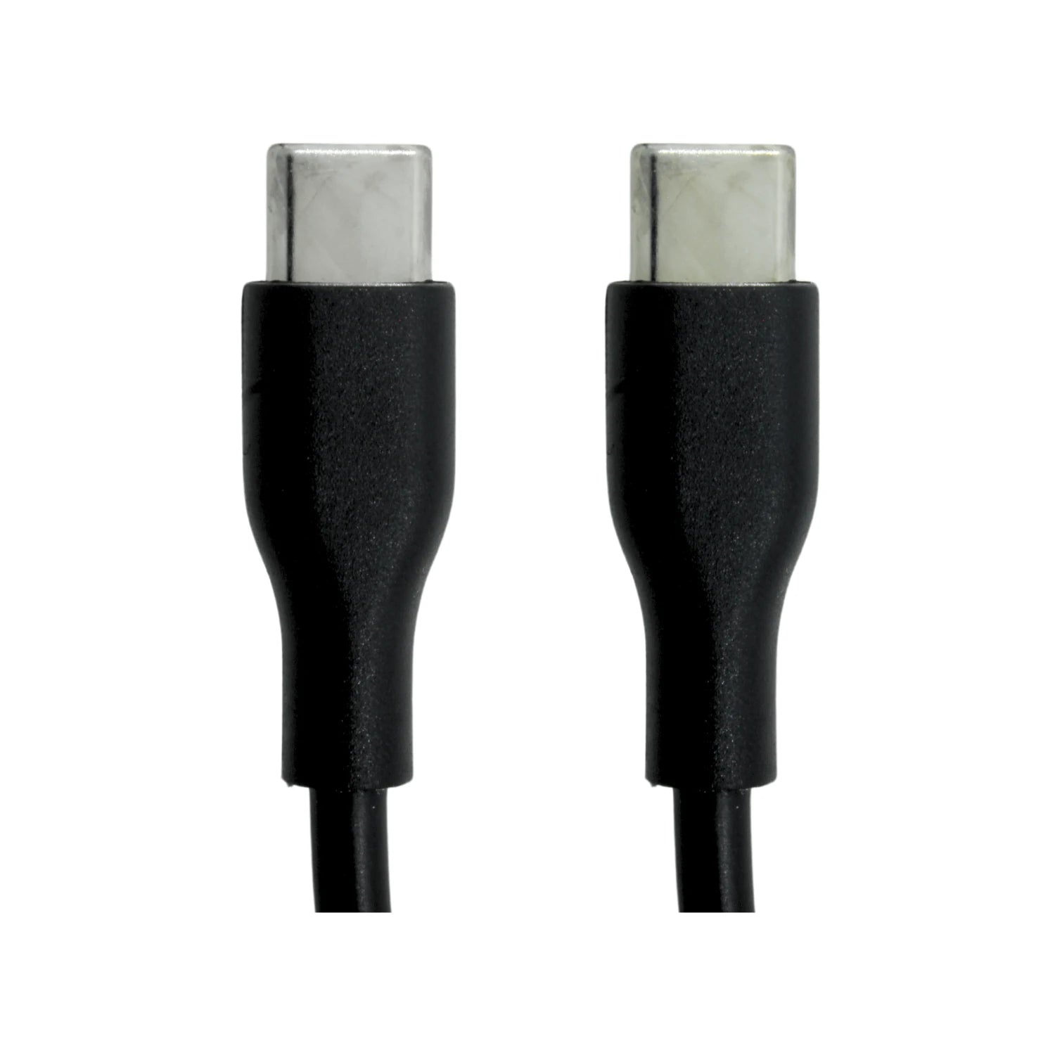 Dos conectores USB-C macho de cable de carga y datos, extremos de cable negros con punta metálica plateada
