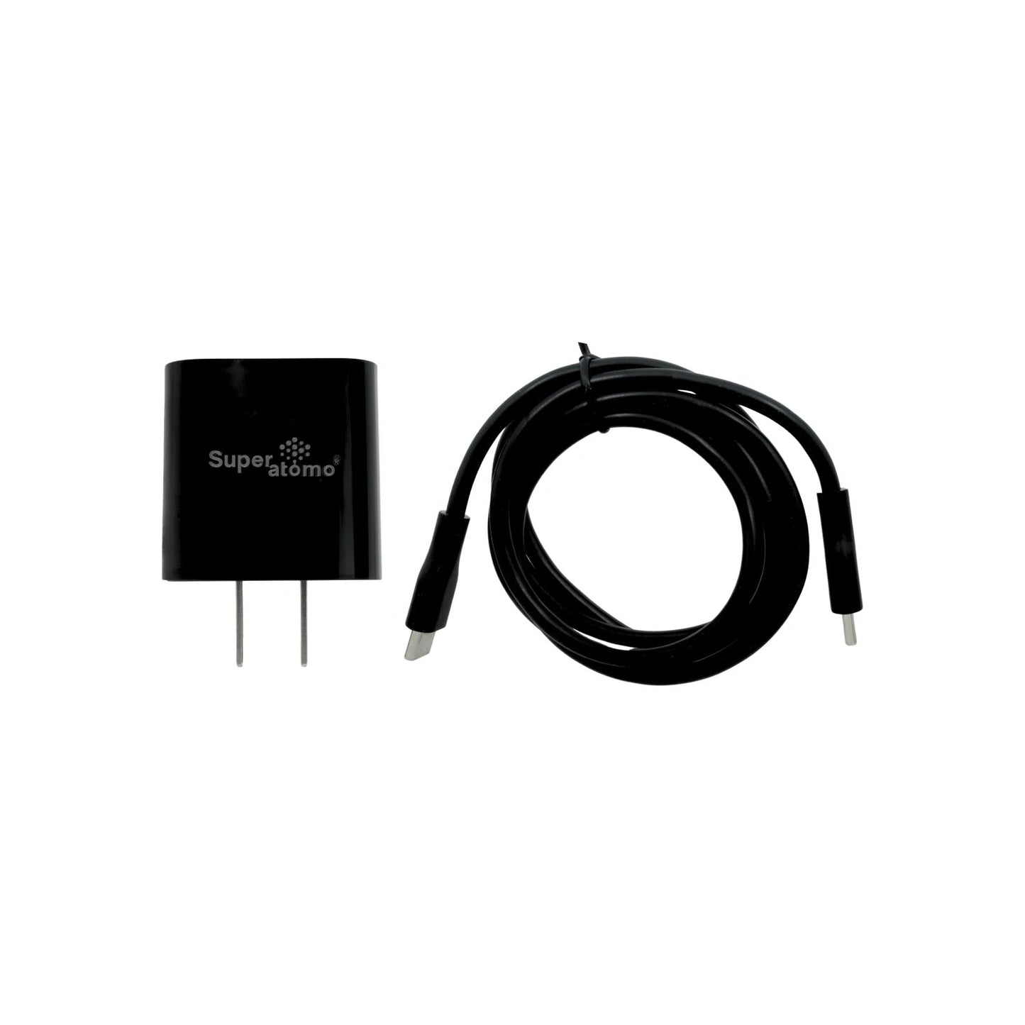 Cargador de pared Super átomo negro 25W con enchufe y cable USB-C a USB-C para carga rápida de dispositivos