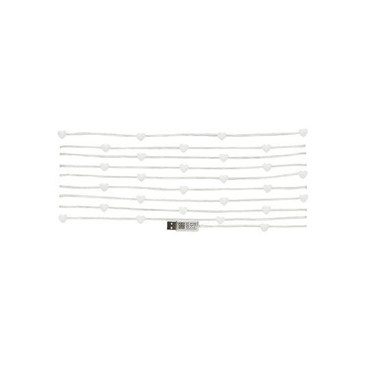 Serie de luces LED decorativas blancas con forma de corazones y conexión USB.