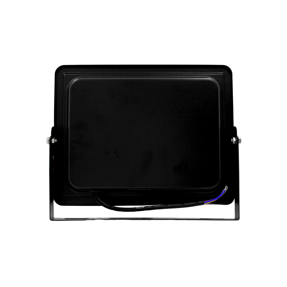 Reflector LED negro para exterior vista trasera con soporte metálico ajustable y cable de conexión de tres hilos