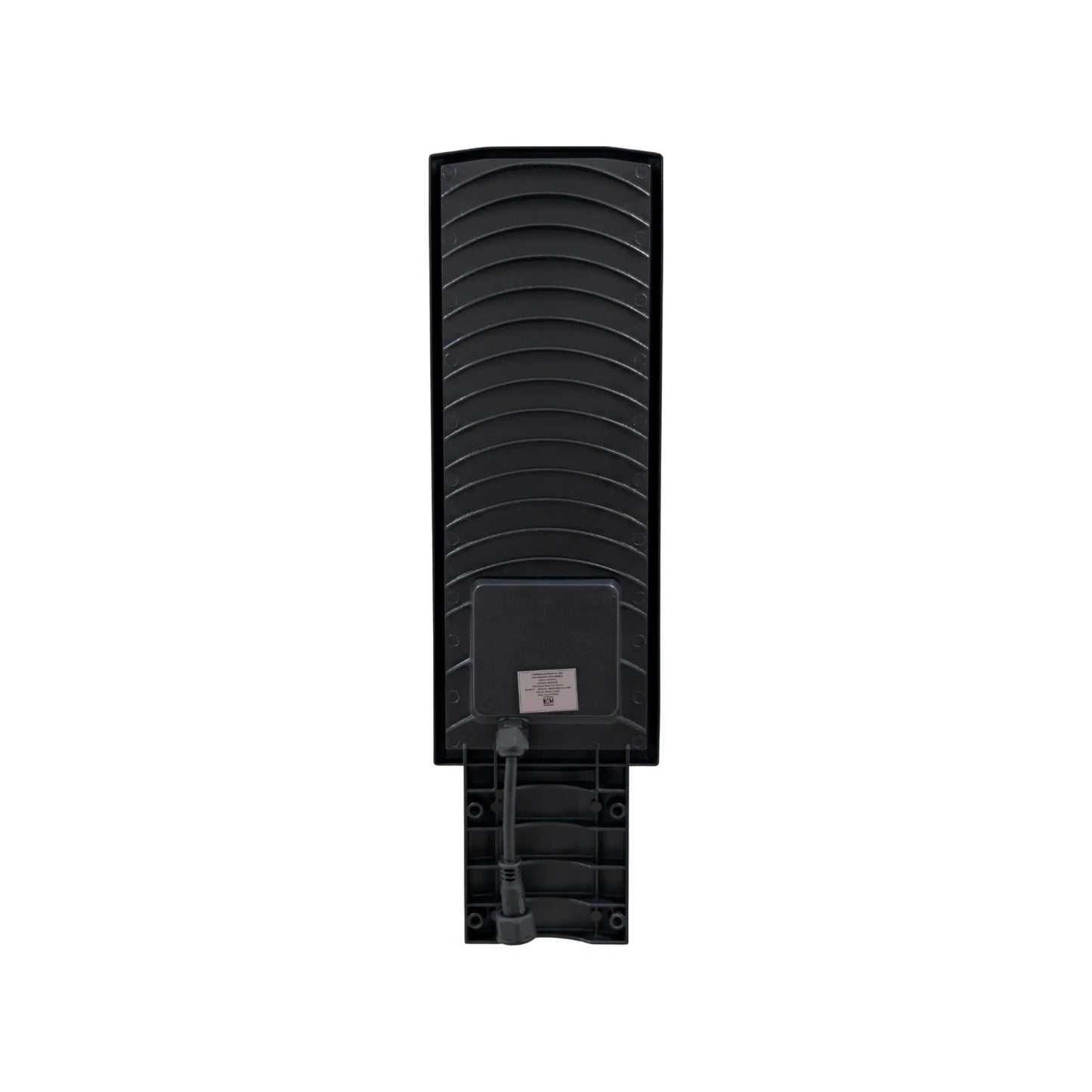 Lámpara suburbana LED 100W negra, parte trasera con disipador de calor tipo aletas y cable de alimentación.