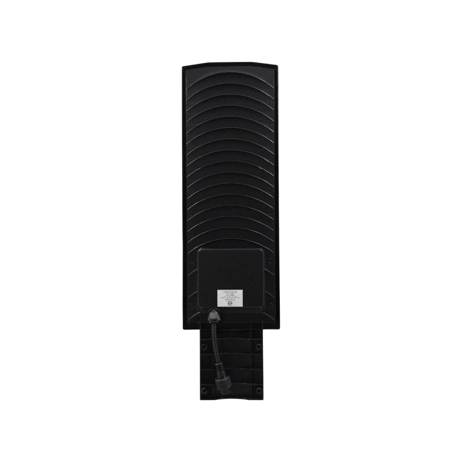 Luminaria LED exterior 200W negra, vista trasera con aletas de disipación y cable de conexión