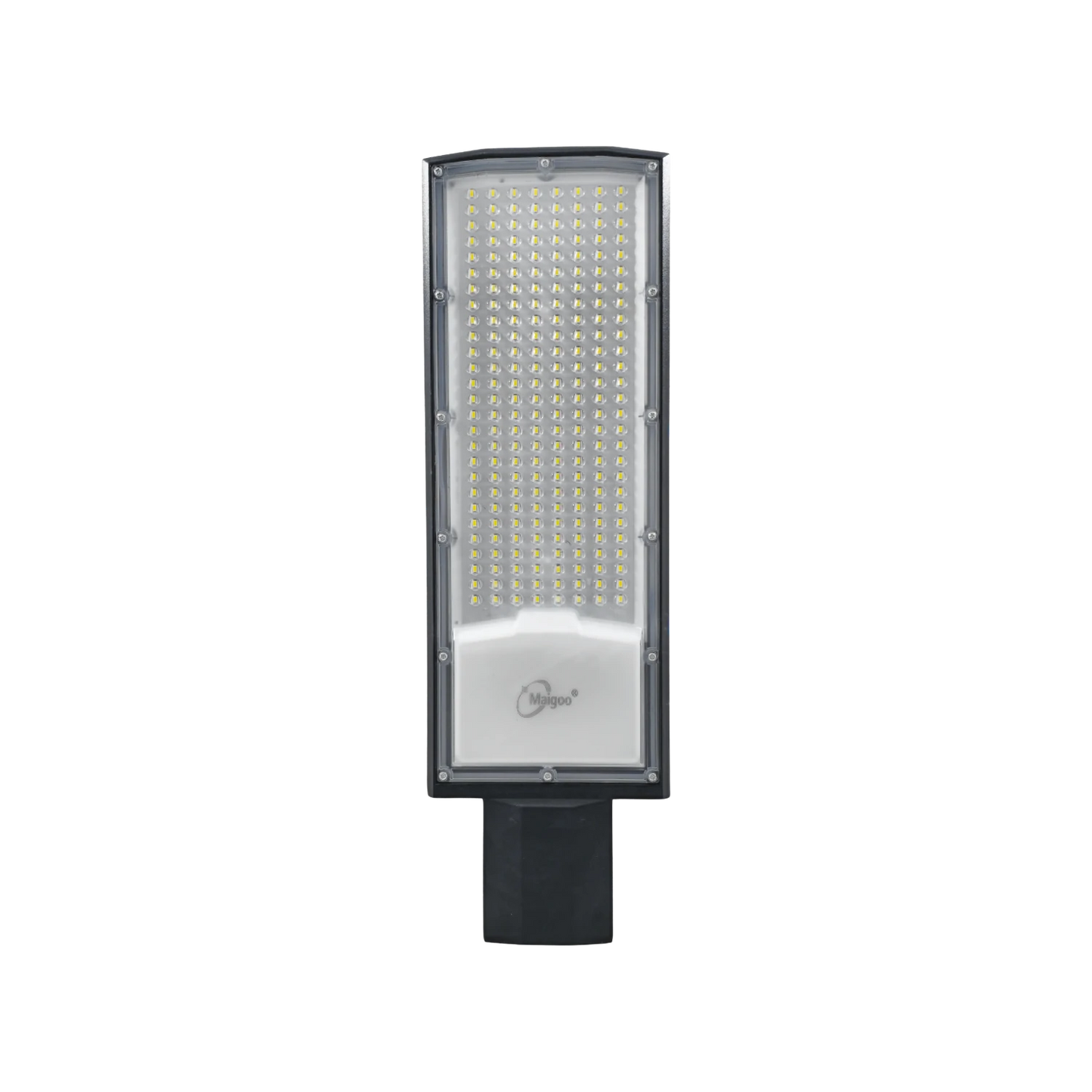 Lámpara LED Maigoo para alumbrado público, cuerpo rectangular gris con panel de cientos de LEDs brillantes, alta potencia para exterior