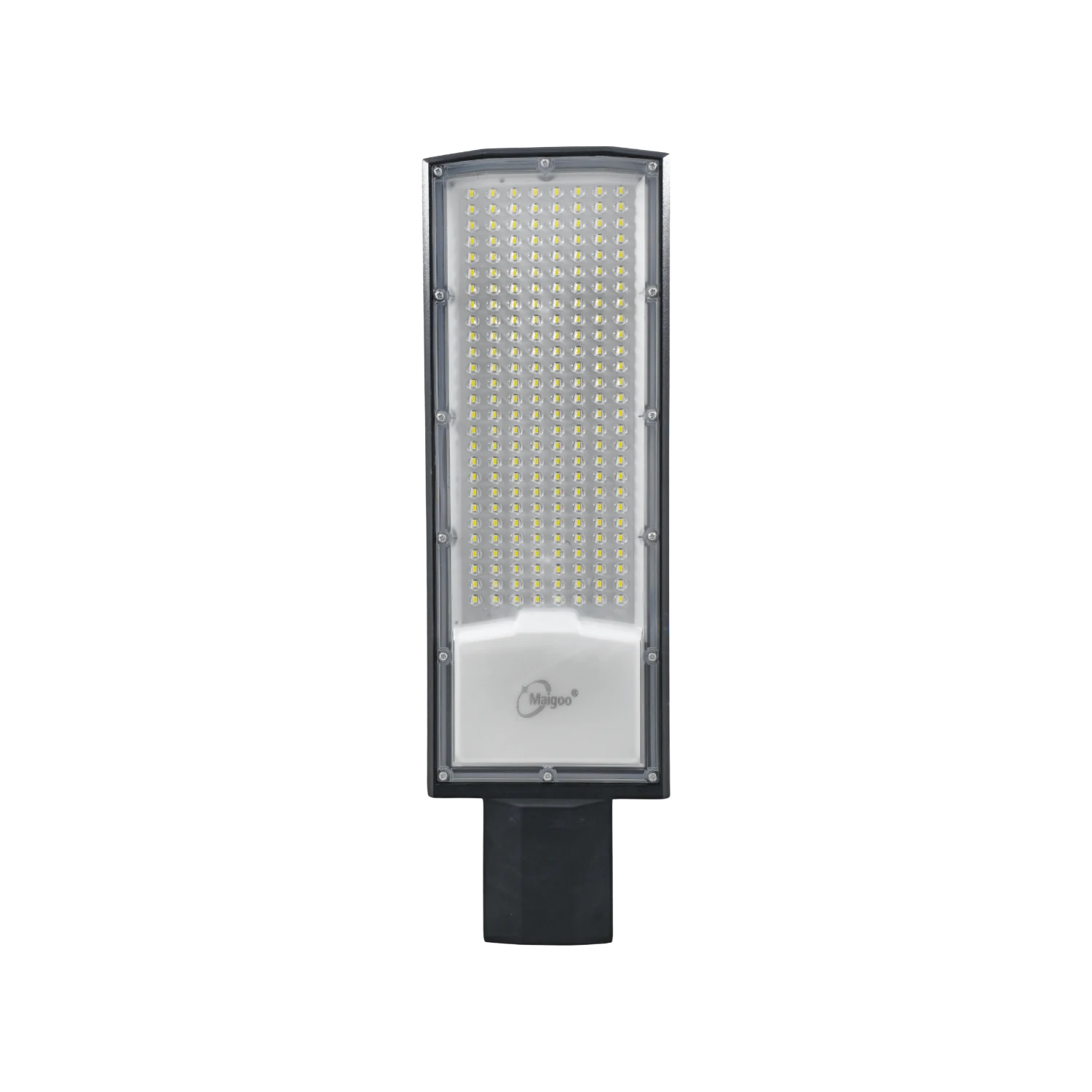 Lámpara LED Maigoo para alumbrado público, cuerpo rectangular gris con panel de cientos de LEDs brillantes, alta potencia para exterior