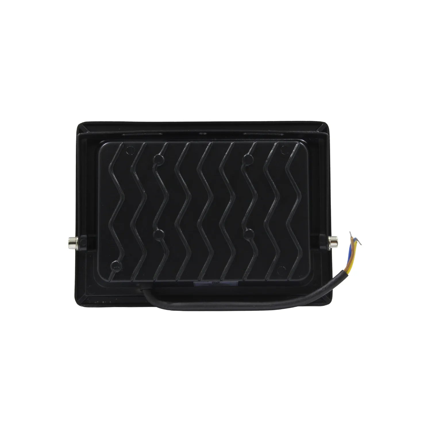 Foco proyector LED negro para exterior, vista trasera con disipador de calor corrugado y cableado eléctrico.