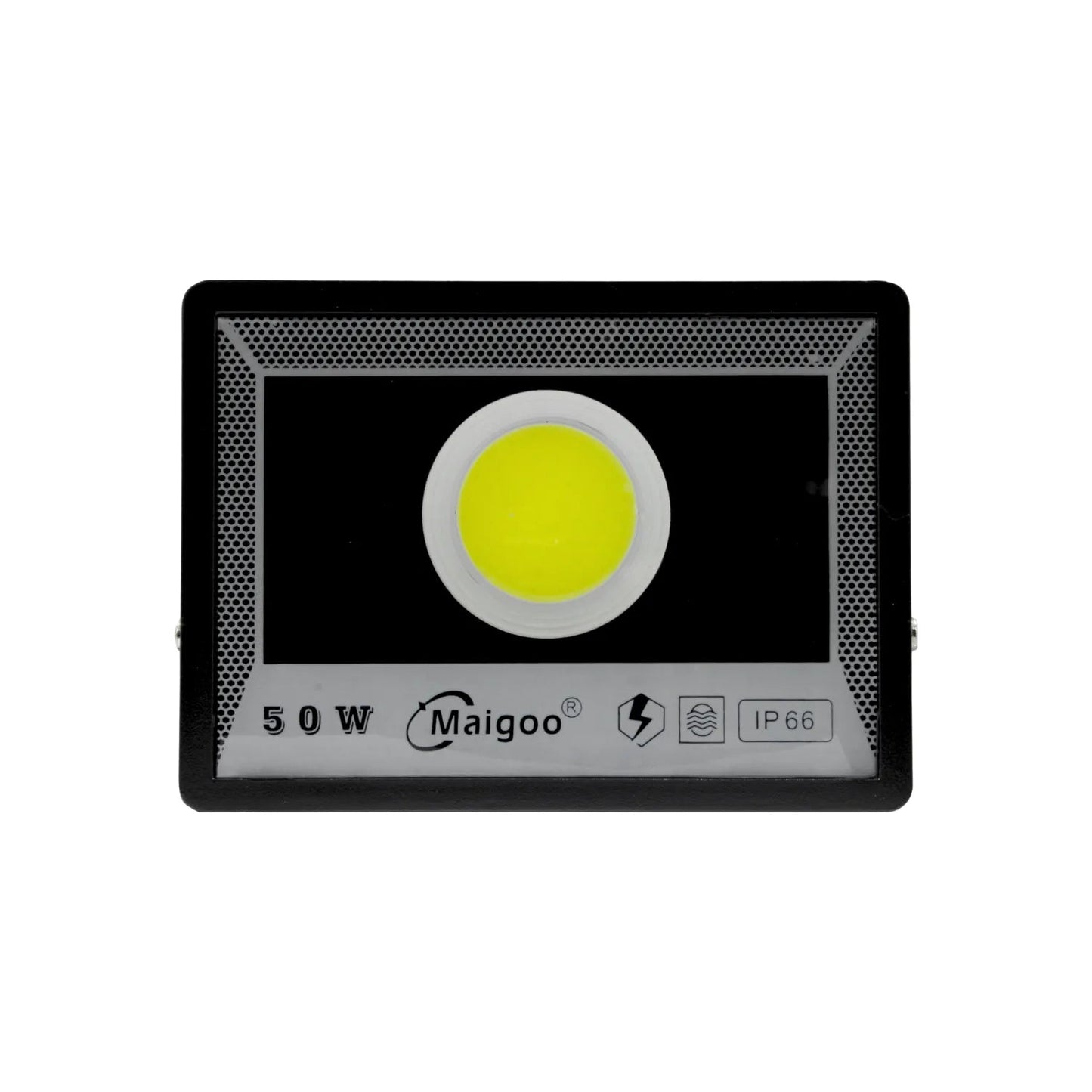 Reflector LED Maigoo negro 50W, luz COB amarilla, protección IP66 para uso exterior.