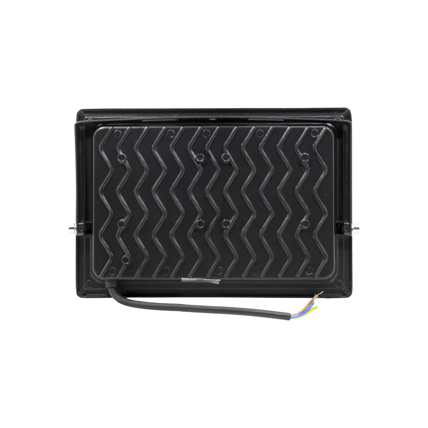 Foco proyector LED negro, parte trasera con disipador de calor ondulado y cable de alimentación pelado.