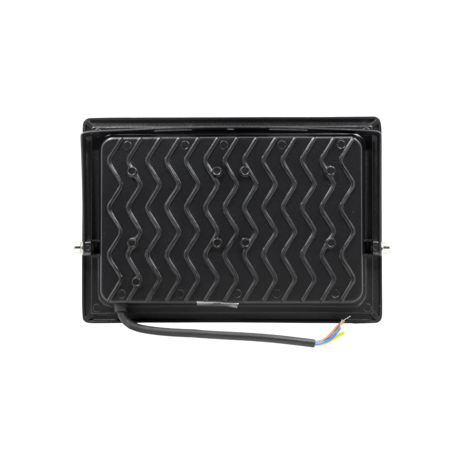 Foco proyector LED negro, parte trasera con disipador de calor ondulado y cable de alimentación pelado.