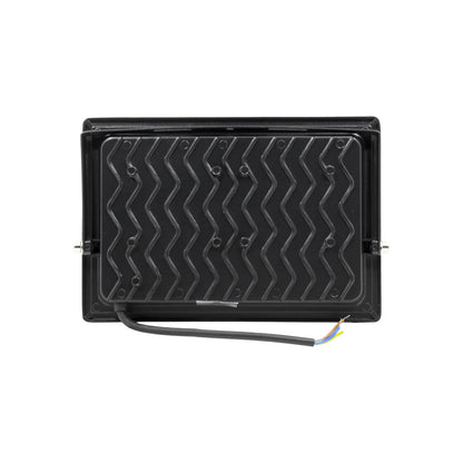 Foco proyector LED negro, parte trasera con disipador de calor ondulado y cable de alimentación pelado.