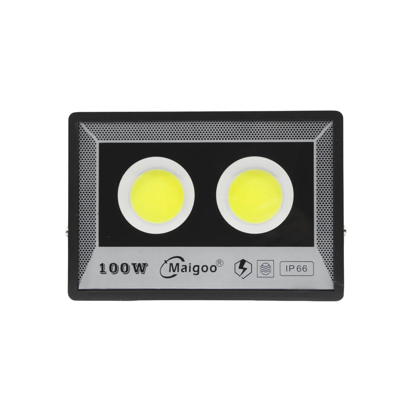 Reflector LED Maigoo 100W negro, con doble chip COB, IP66 resistente al agua, ideal para iluminación exterior potente.