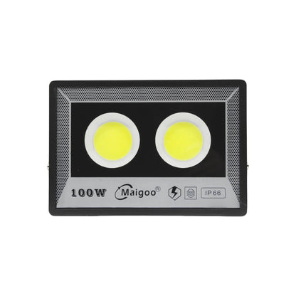 Reflector LED Maigoo 100W negro, con doble chip COB, IP66 resistente al agua, ideal para iluminación exterior potente.