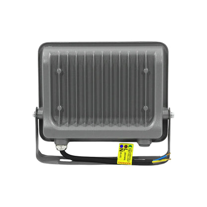 Foco reflector LED exterior gris con disipador de calor posterior y cables de conexión para instalación eléctrica