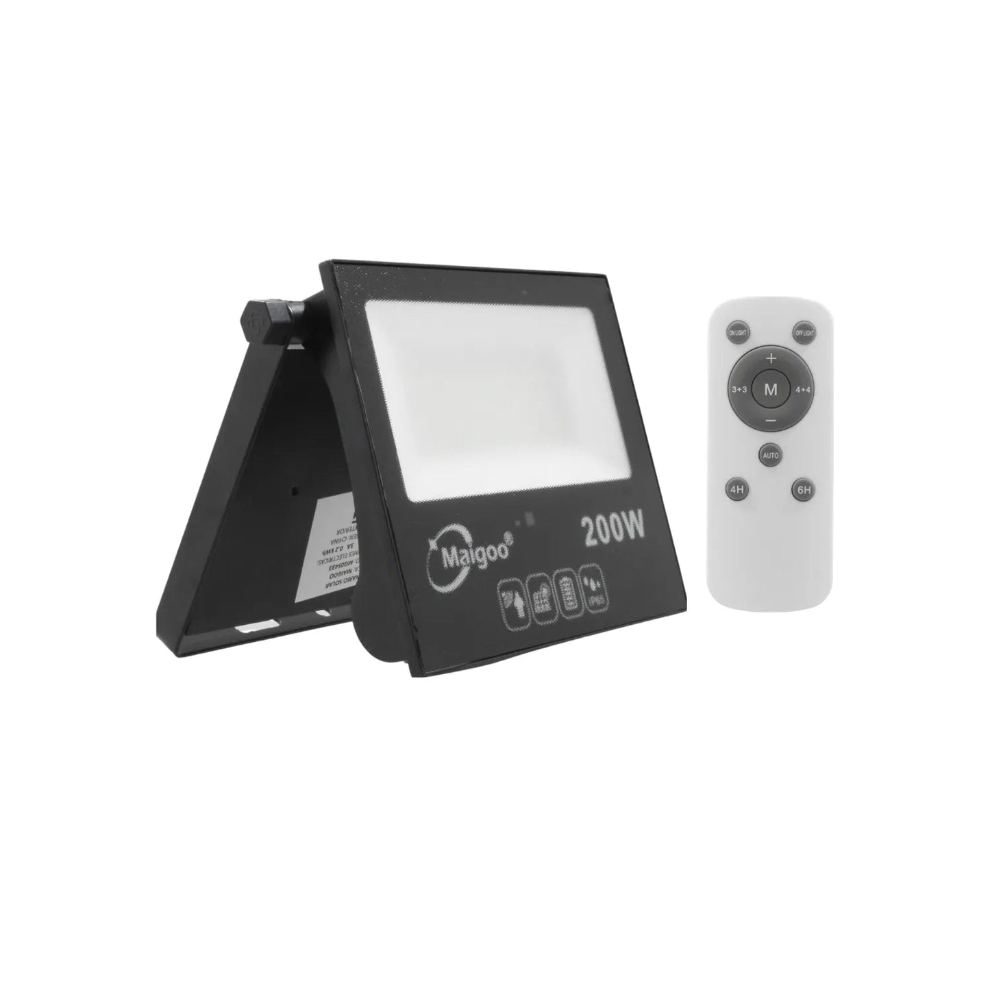 Reflector solar Maigoo 200W negro con control remoto blanco para iluminación exterior con temporizador.