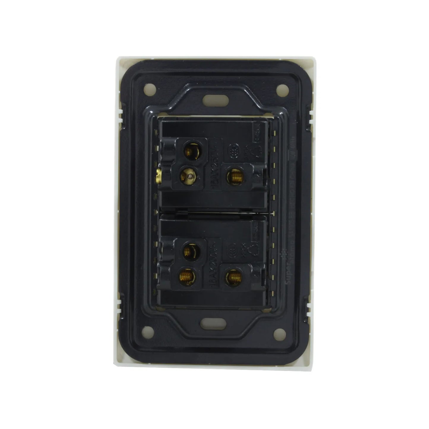 Placa doble apagador escalera Super átomo 10A 250V blanca, vista trasera con terminales para conexiones eléctricas.