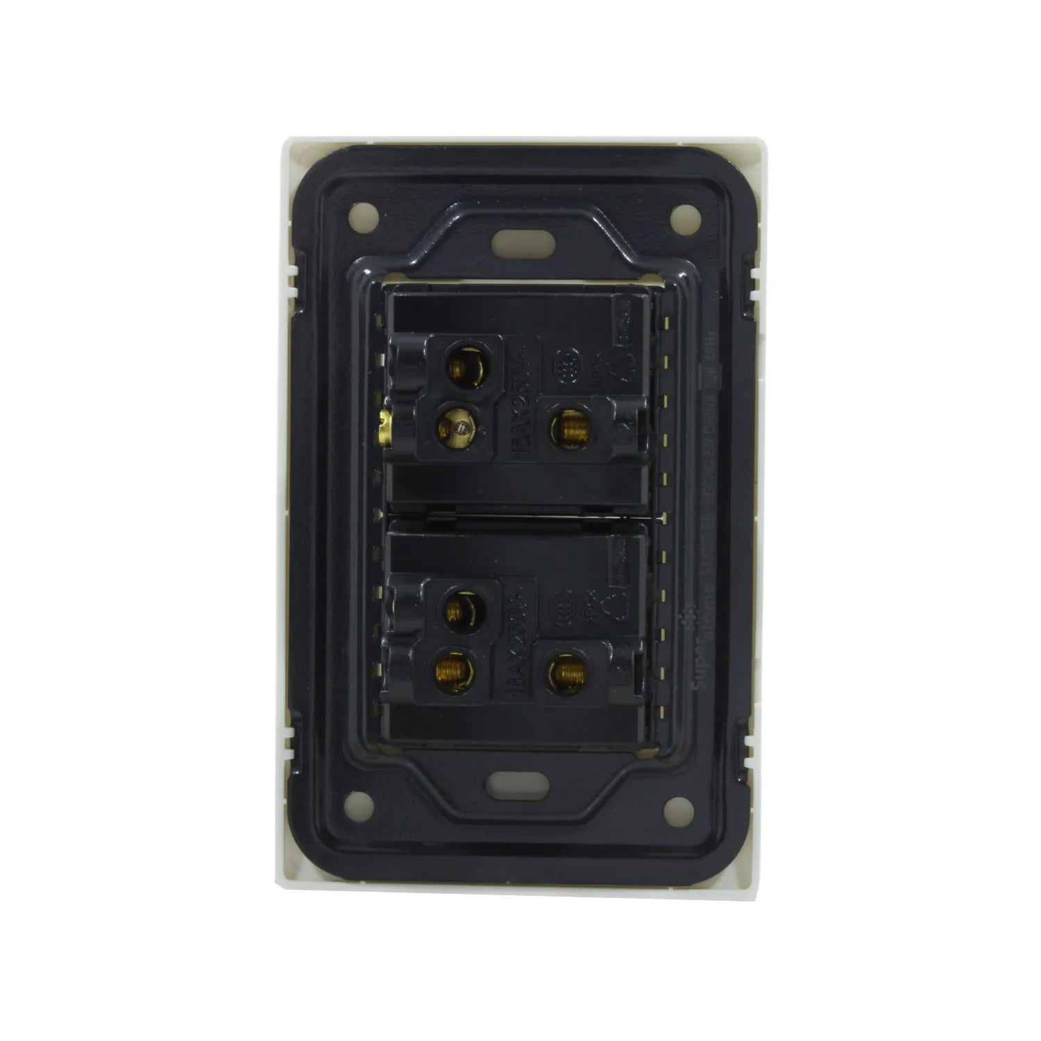 Placa doble apagador escalera Super átomo 10A 250V blanca, vista trasera con terminales para conexiones eléctricas.