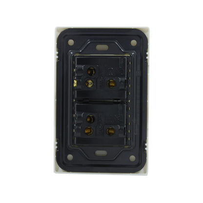 Placa doble apagador escalera Super átomo 10A 250V blanca, vista trasera con terminales para conexiones eléctricas.
