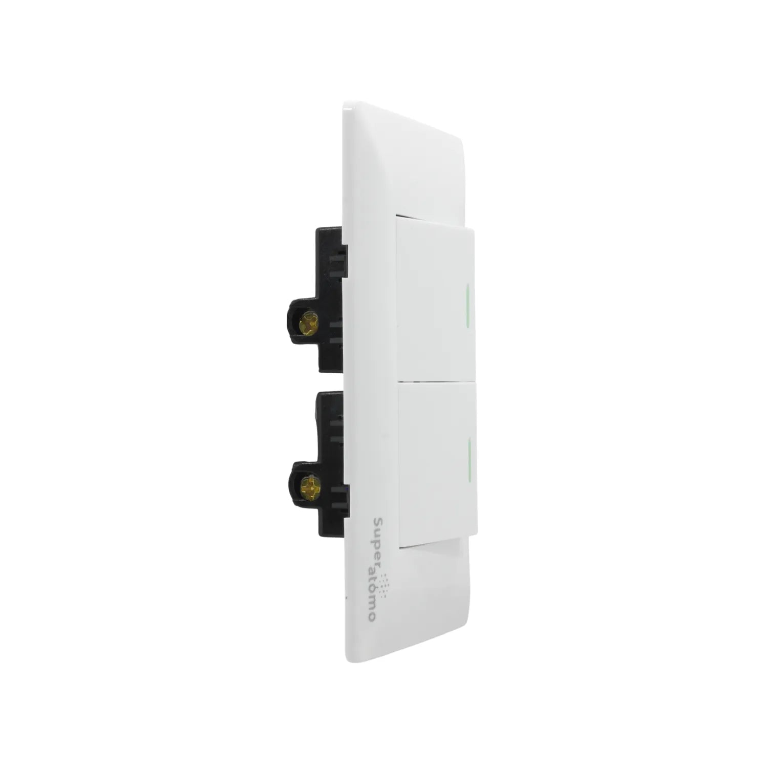 Placa blanca Super átomo con 2 apagadores de luz tipo escalera, para instalación eléctrica