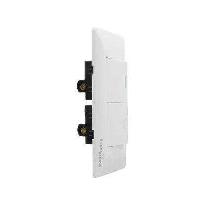 Placa blanca Super átomo con 2 apagadores de luz tipo escalera, para instalación eléctrica