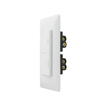 Placa blanca doble con dos apagadores de escalera con indicador verde, interruptor eléctrico para pared.