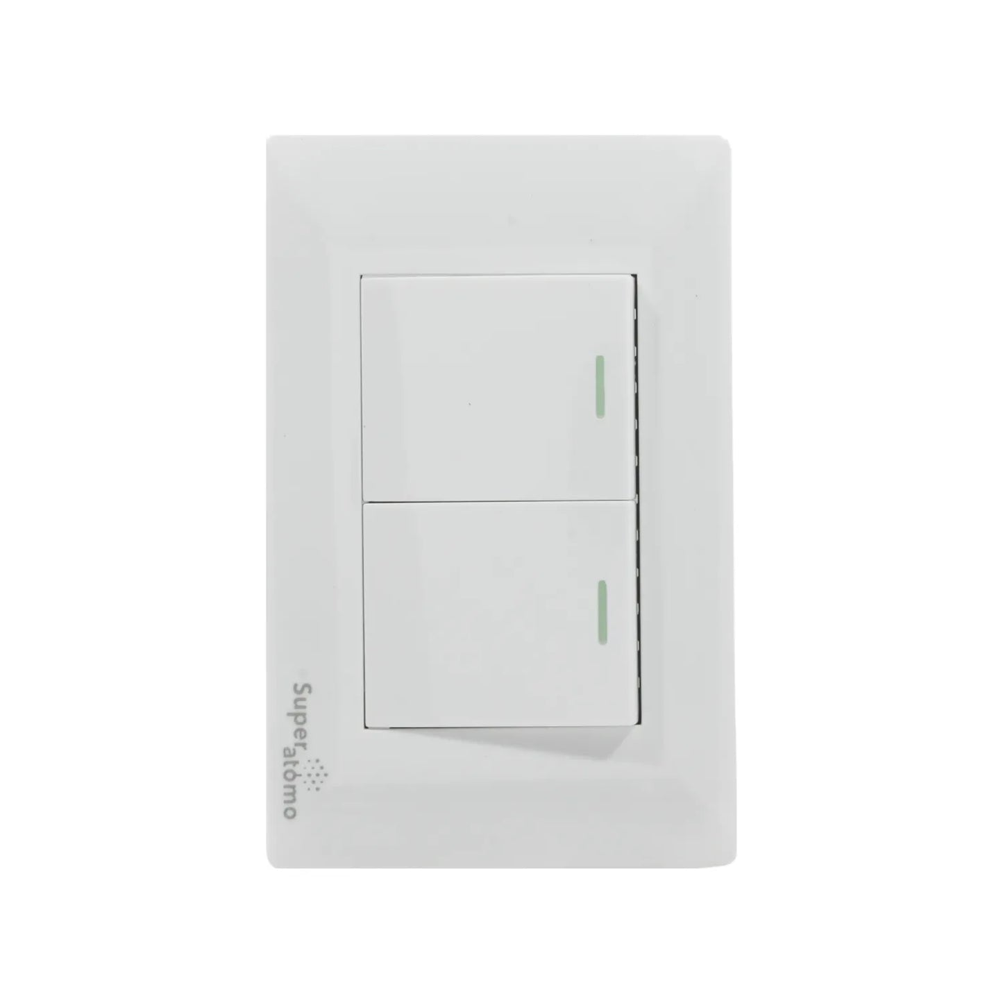 Placa eléctrica blanca Super átomo con dos apagadores de escalera e indicadores LED verdes.