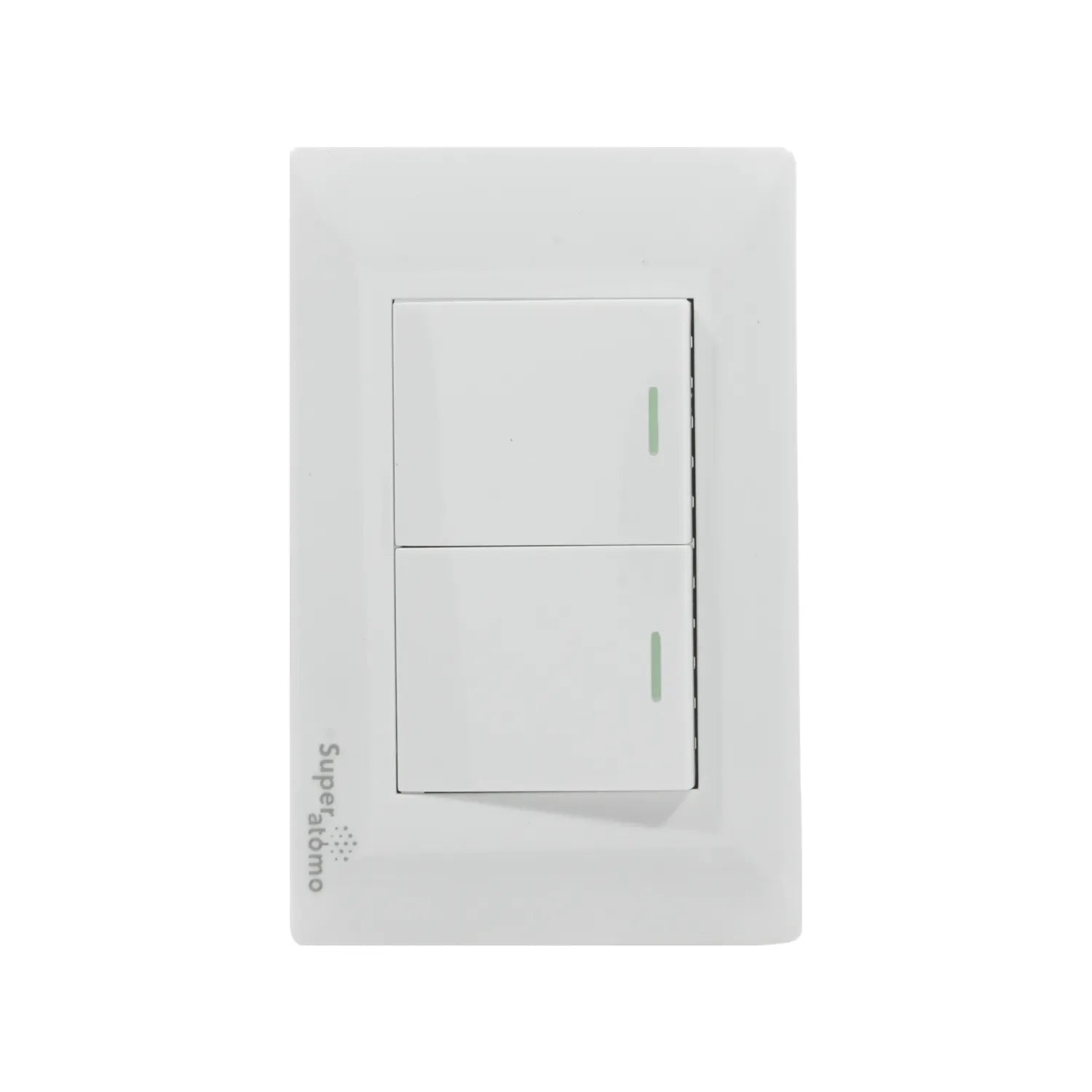 Placa eléctrica blanca Super átomo con dos apagadores de escalera e indicadores LED verdes.