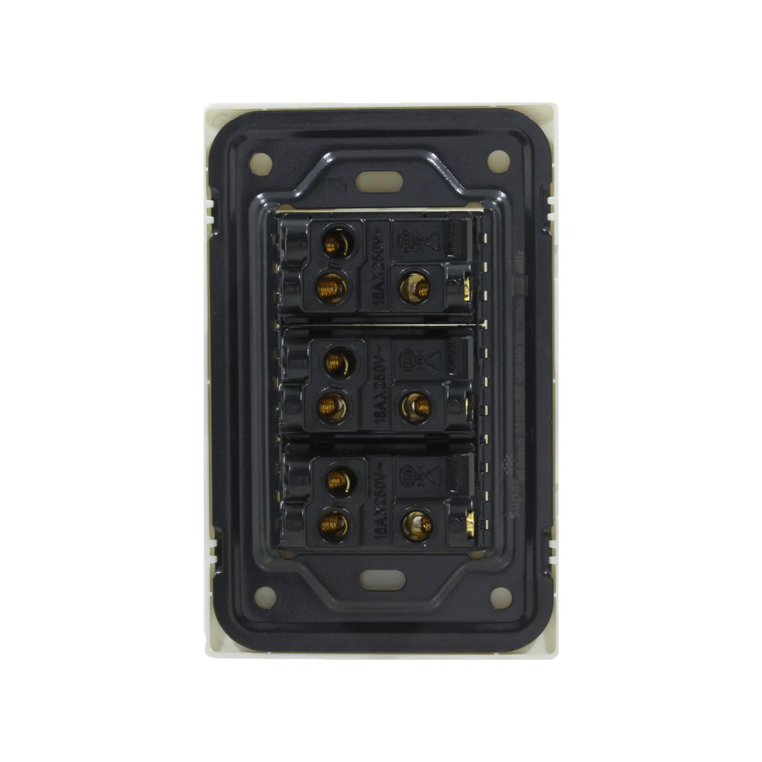 Placa con 3 apagadores de escalera Super Atomo, conexiones eléctricas 16A 250V, color beige y negro.