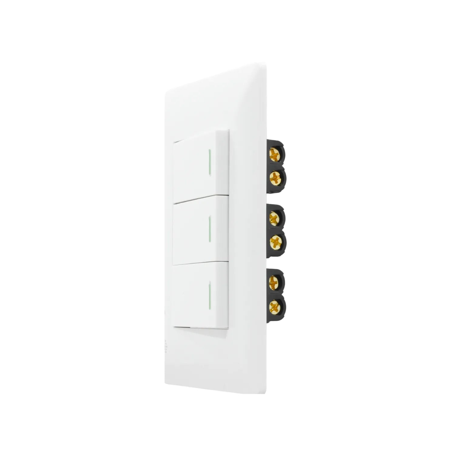 Placa de pared blanca con 3 interruptores eléctricos de escalera, tipo 3 vías, con conexiones traseras visibles.
