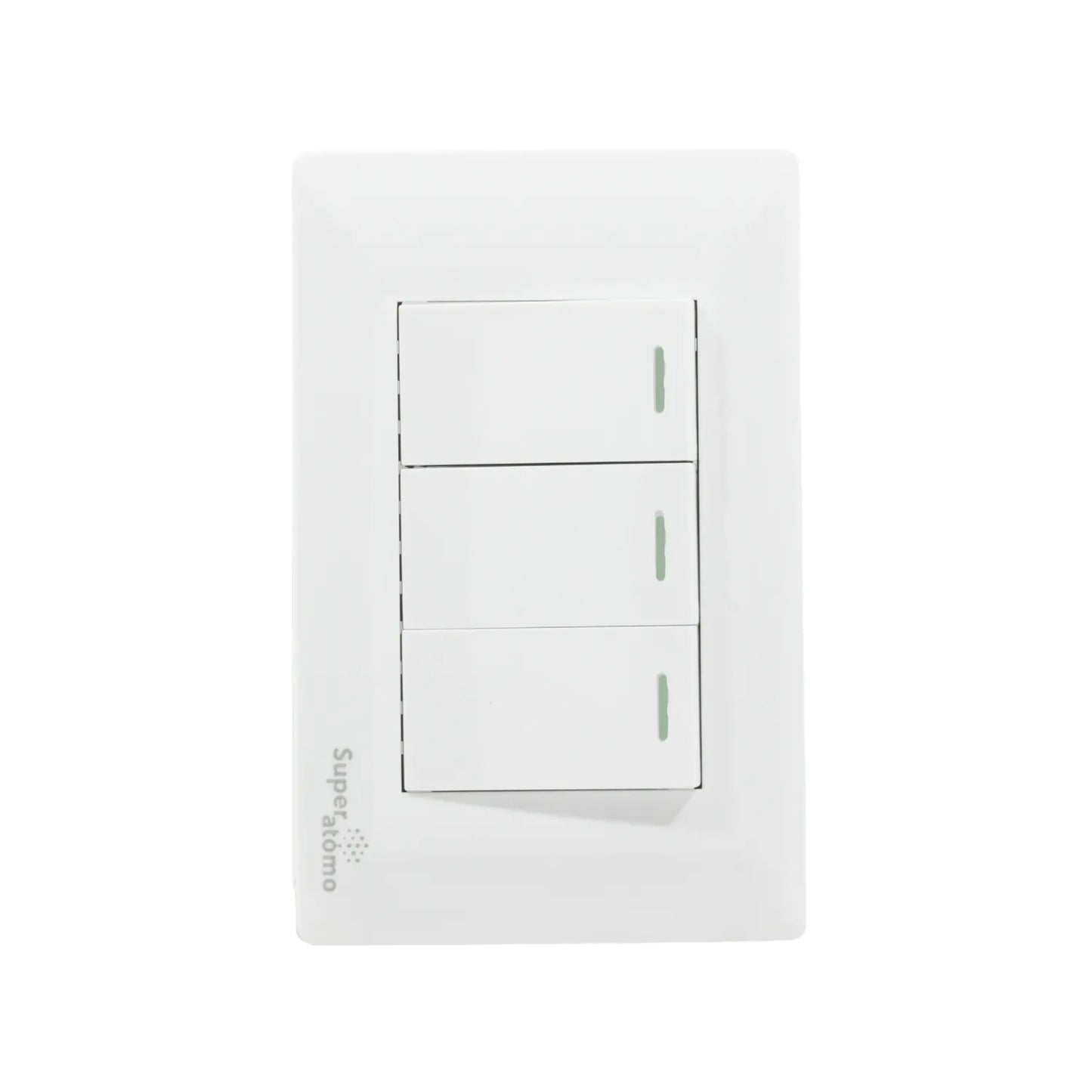 Placa blanca Super átomo con 3 apagadores de luz tipo escalera e indicadores verdes