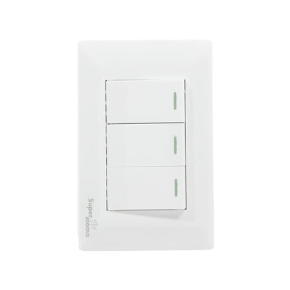 Placa blanca Super átomo con 3 apagadores de luz tipo escalera e indicadores verdes