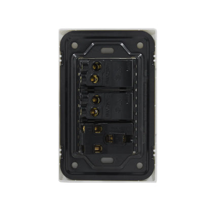 Placa eléctrica blanca vista trasera con 2 apagadores y 1 contacto, lista para instalación