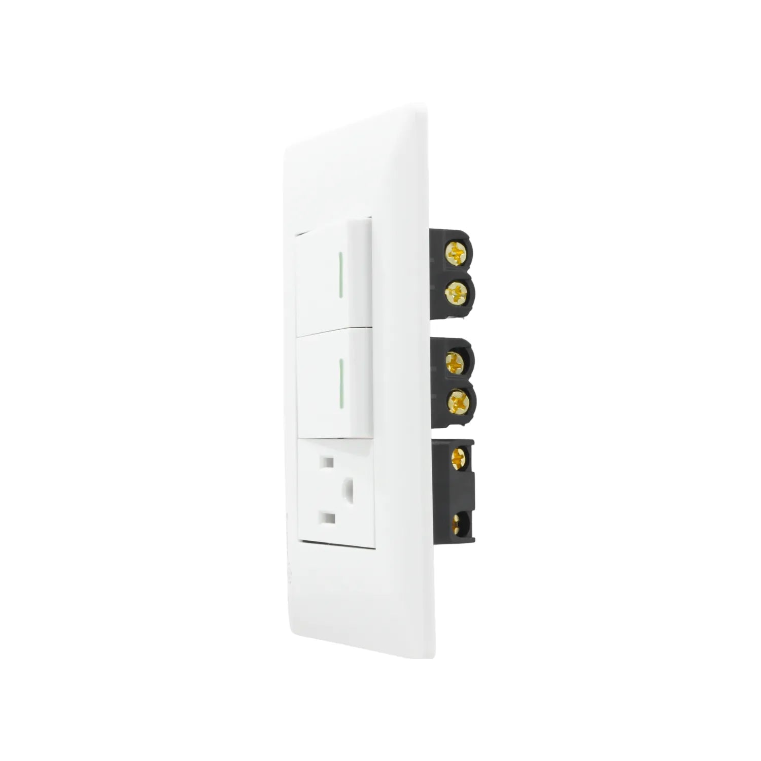 Placa eléctrica blanca con dos apagadores de luz LED y un contacto aterrizado para pared.