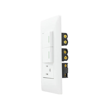 Placa eléctrica blanca con dos apagadores de luz LED y un contacto aterrizado para pared.