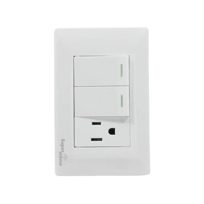 Placa Super átomo blanca con 2 apagadores de luz e indicador y 1 contacto eléctrico.