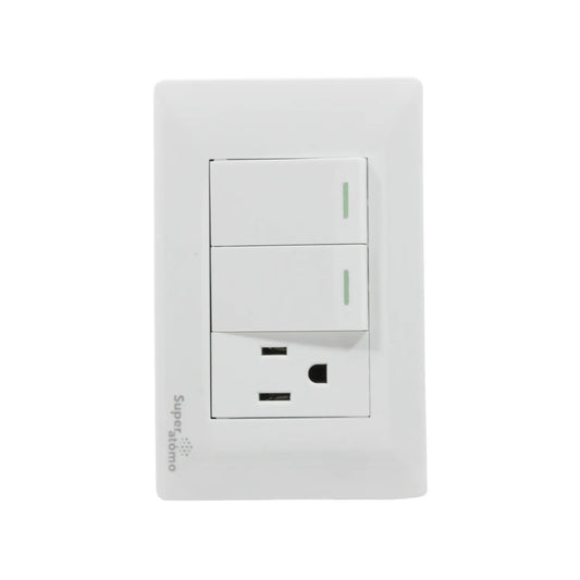 Placa Super átomo blanca con 2 apagadores de luz e indicador y 1 contacto eléctrico.