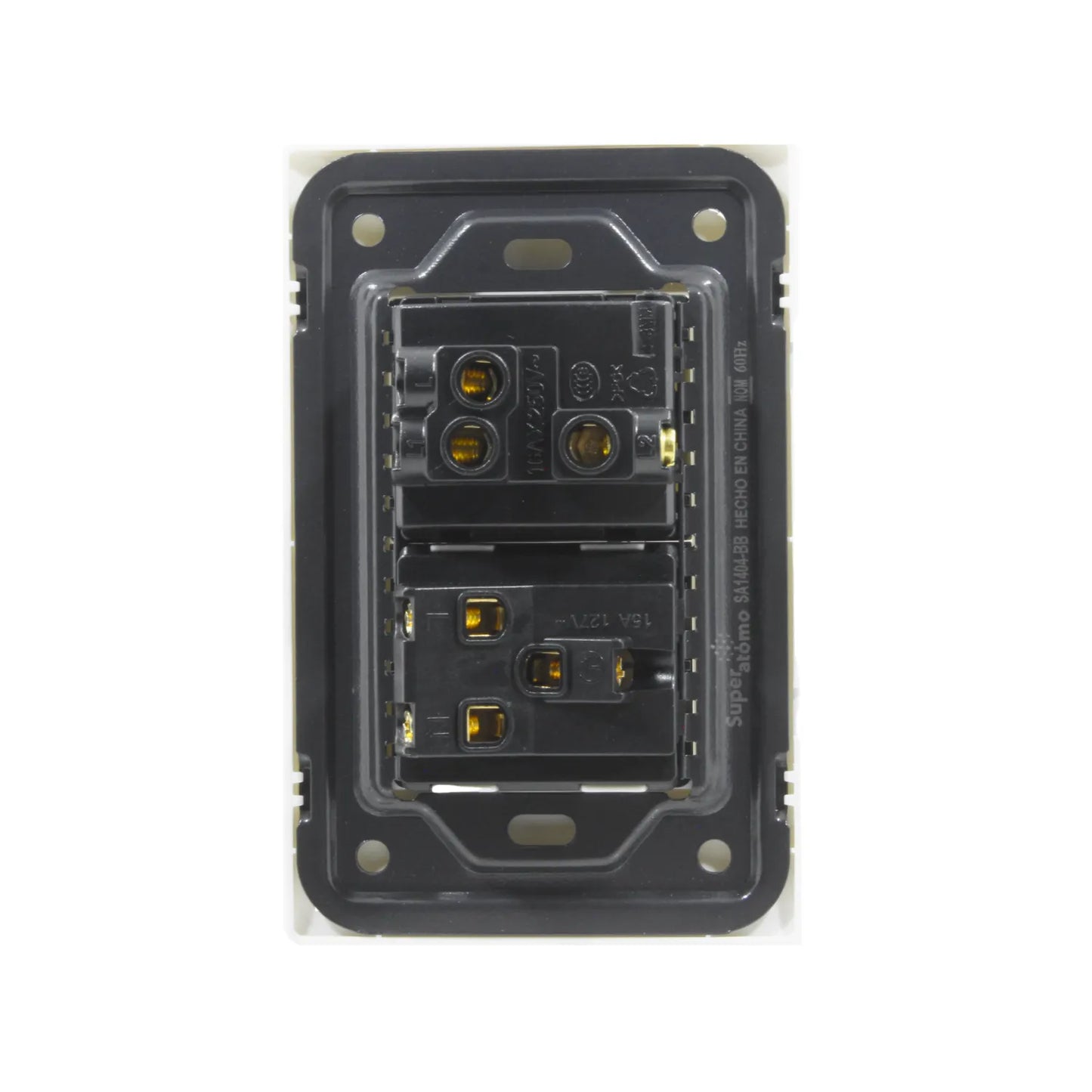 Placa eléctrica Super átomo con 1 apagador escalera 10A/250V y 1 contacto 15A/127V, blanca, vista posterior.