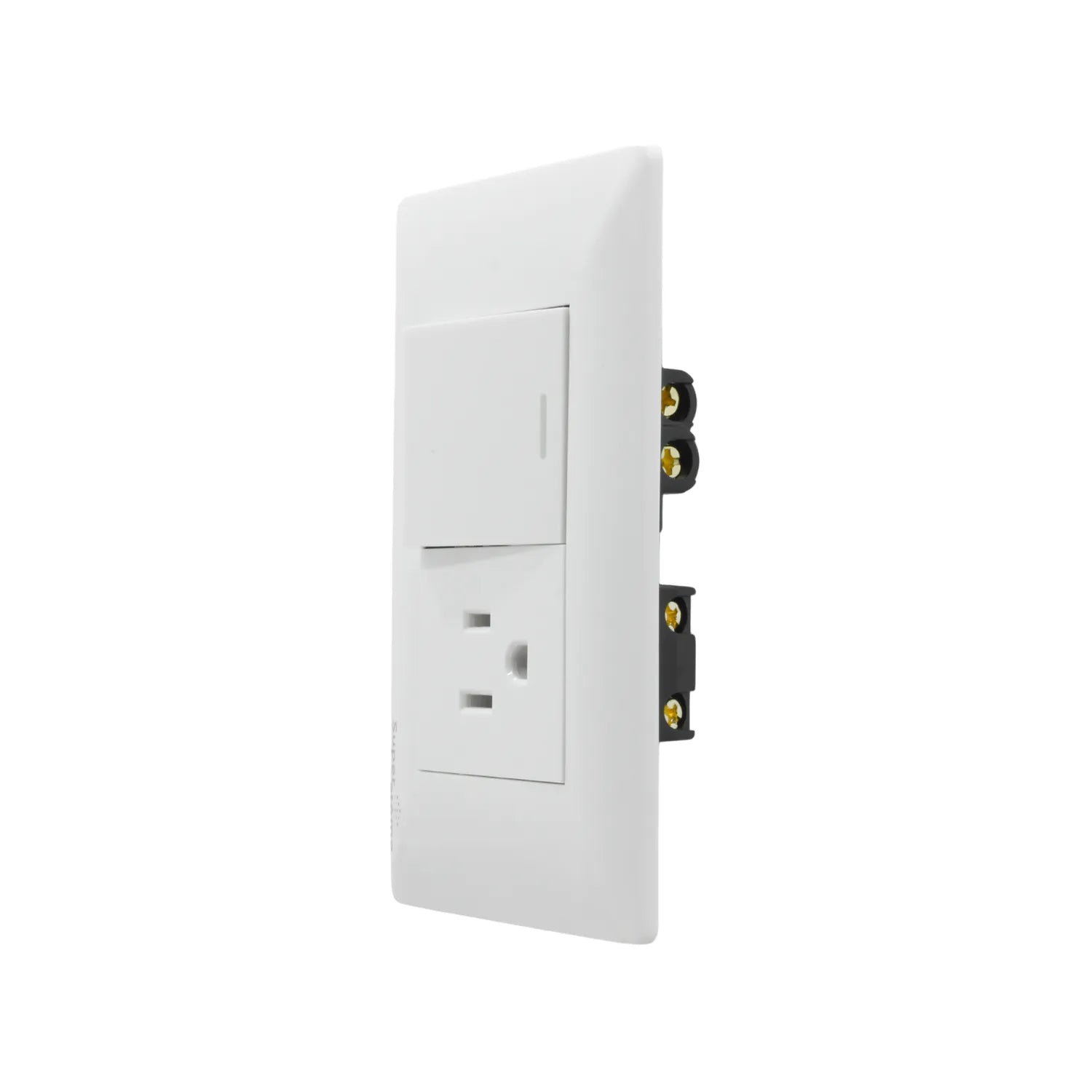 Placa eléctrica de pared blanca con un apagador de luz y un contacto polarizado.