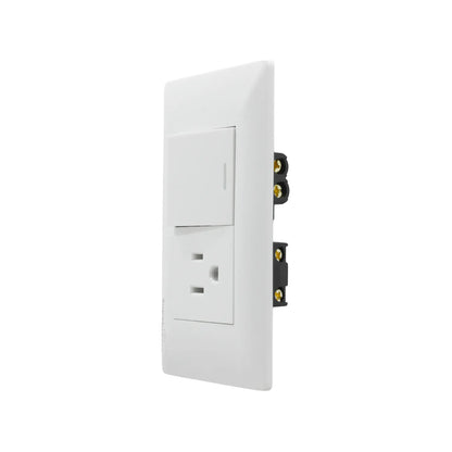 Placa eléctrica de pared blanca con un apagador de luz y un contacto polarizado.