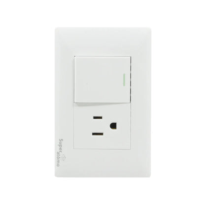 Placa eléctrica blanca Super átomo con 1 apagador de luz y 1 contacto de corriente.